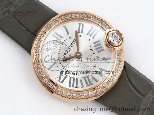 Ballon Blanc De Cartier 30mm RG DRF 1:1 Best Edition Silvered Texture Dial Diamonds Bezel on Green Leather Strap Ronda Quartz ModernLook 5966