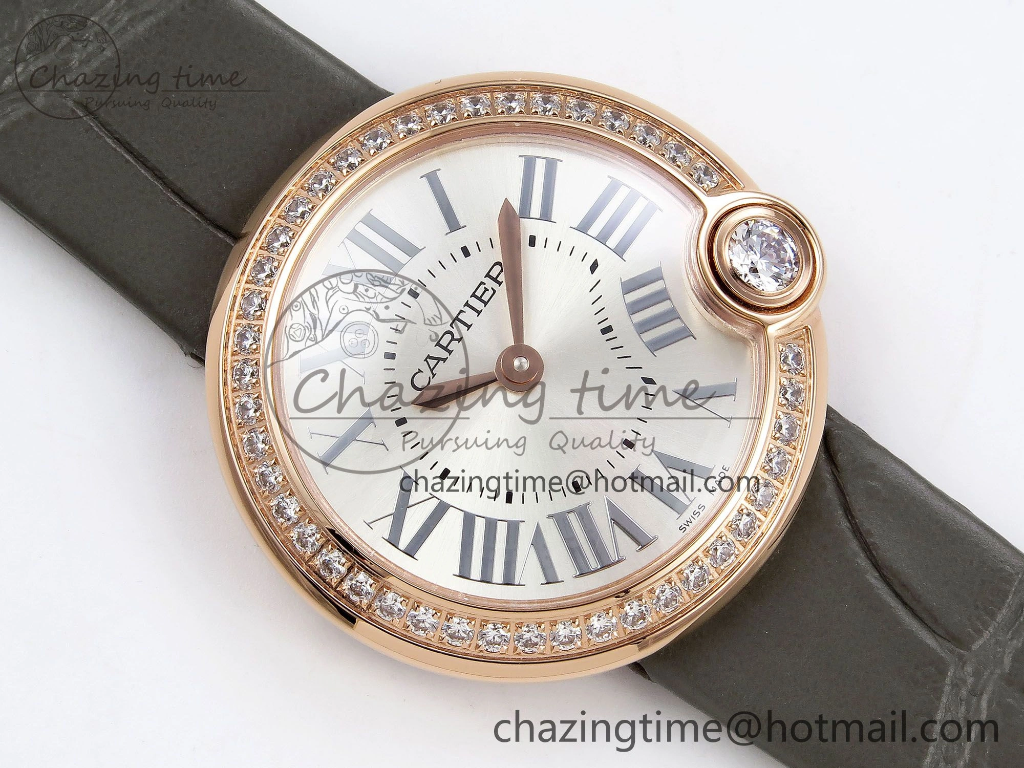 Ballon Blanc De Cartier 30mm RG DRF 1:1 Best Edition Silvered Texture Dial Diamonds Bezel on Green Leather Strap Ronda Quartz ModernLook 5966