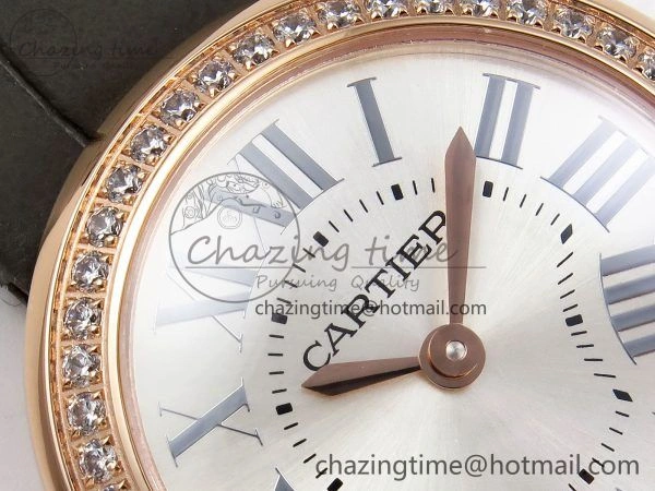 Ballon Blanc De Cartier 30mm RG DRF 1:1 Best Edition Silvered Texture Dial Diamonds Bezel on Green Leather Strap Ronda Quartz ModernLook 5966