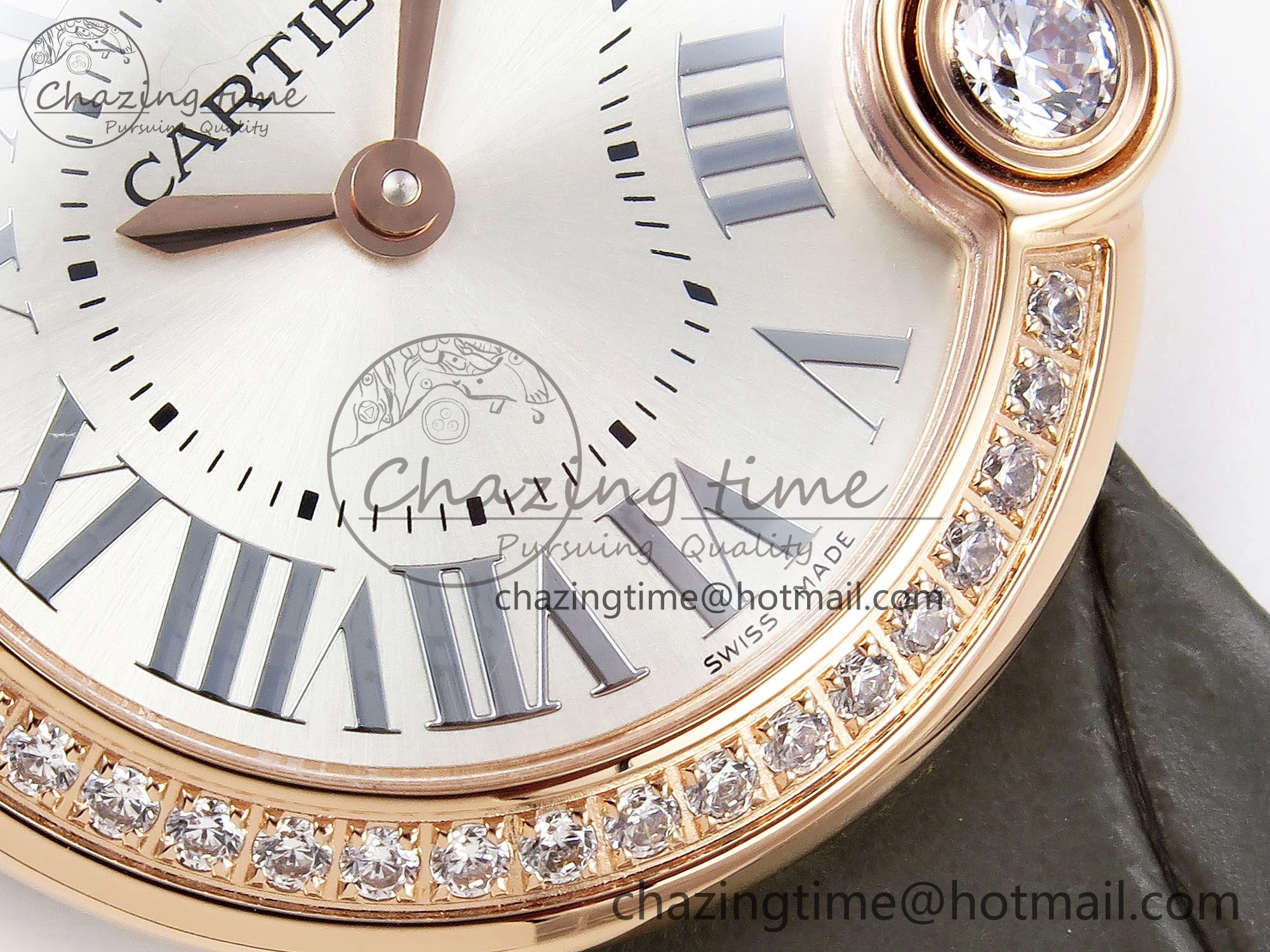 Ballon Blanc De Cartier 30mm RG DRF 1:1 Best Edition Silvered Texture Dial Diamonds Bezel on Green Leather Strap Ronda Quartz ModernLook 5966