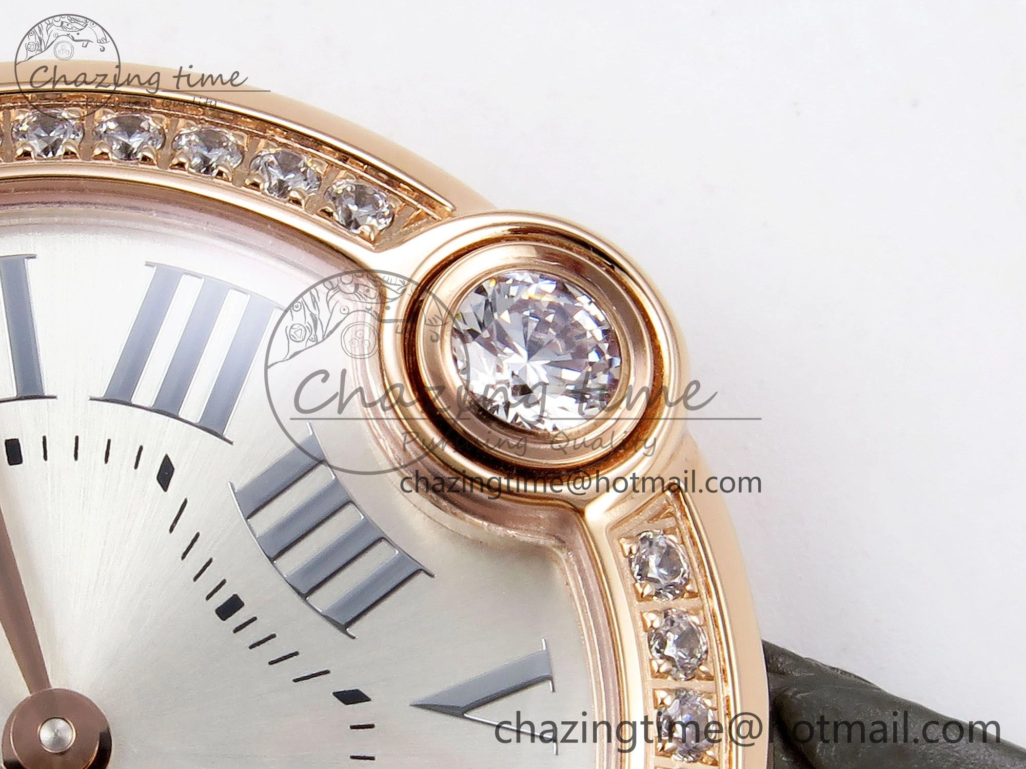 Ballon Blanc De Cartier 30mm RG DRF 1:1 Best Edition Silvered Texture Dial Diamonds Bezel on Green Leather Strap Ronda Quartz ModernLook 5966