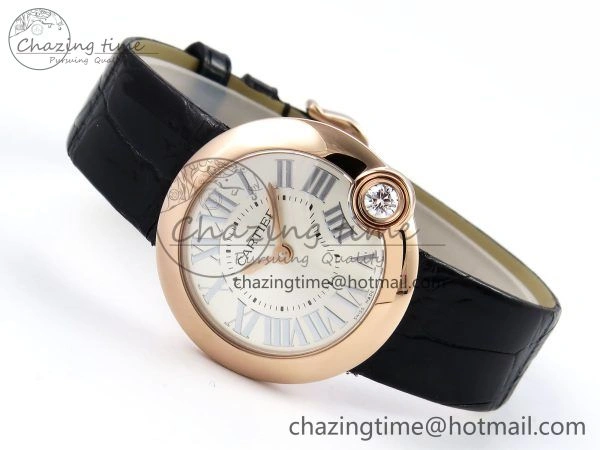 Ballon Blanc De Cartier 30mm RG DRF 1:1 Best Edition Silvered Texture Dial on Black Leather Strap Ronda Quartz Comfortable 5967
