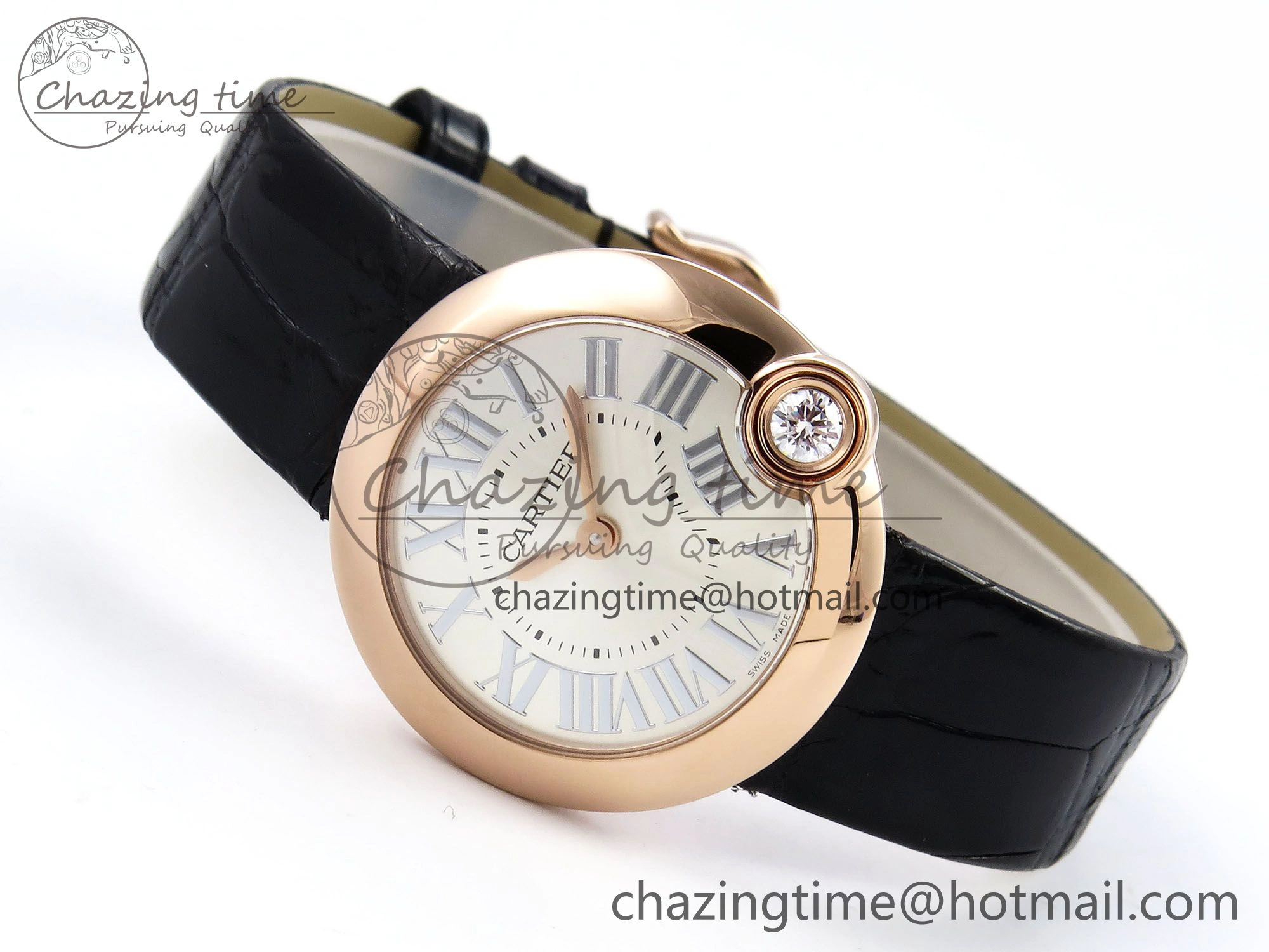 Ballon Blanc De Cartier 30mm RG DRF 1:1 Best Edition Silvered Texture Dial on Black Leather Strap Ronda Quartz Comfortable 5967
