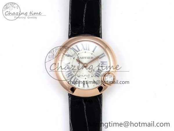 Ballon Blanc De Cartier 30mm RG DRF 1:1 Best Edition Silvered Texture Dial on Black Leather Strap Ronda Quartz Comfortable 5967