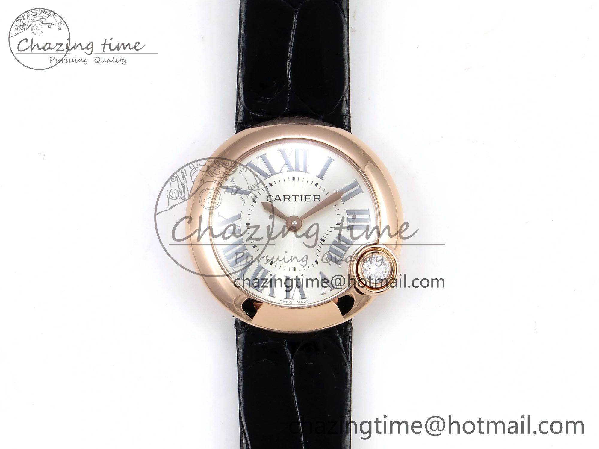 Ballon Blanc De Cartier 30mm RG DRF 1:1 Best Edition Silvered Texture Dial on Black Leather Strap Ronda Quartz Comfortable 5967