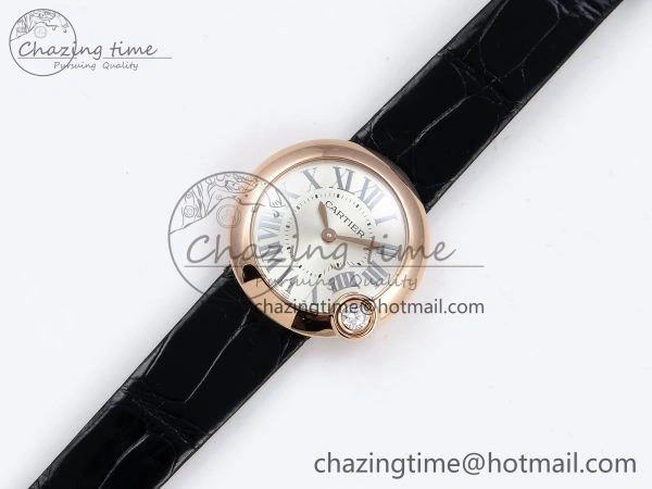 Ballon Blanc De Cartier 30mm RG DRF 1:1 Best Edition Silvered Texture Dial on Black Leather Strap Ronda Quartz Comfortable 5967
