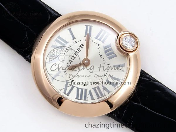 Ballon Blanc De Cartier 30mm RG DRF 1:1 Best Edition Silvered Texture Dial on Black Leather Strap Ronda Quartz Comfortable 5967