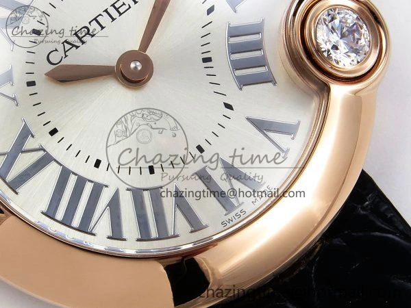 Ballon Blanc De Cartier 30mm RG DRF 1:1 Best Edition Silvered Texture Dial on Black Leather Strap Ronda Quartz Comfortable 5967