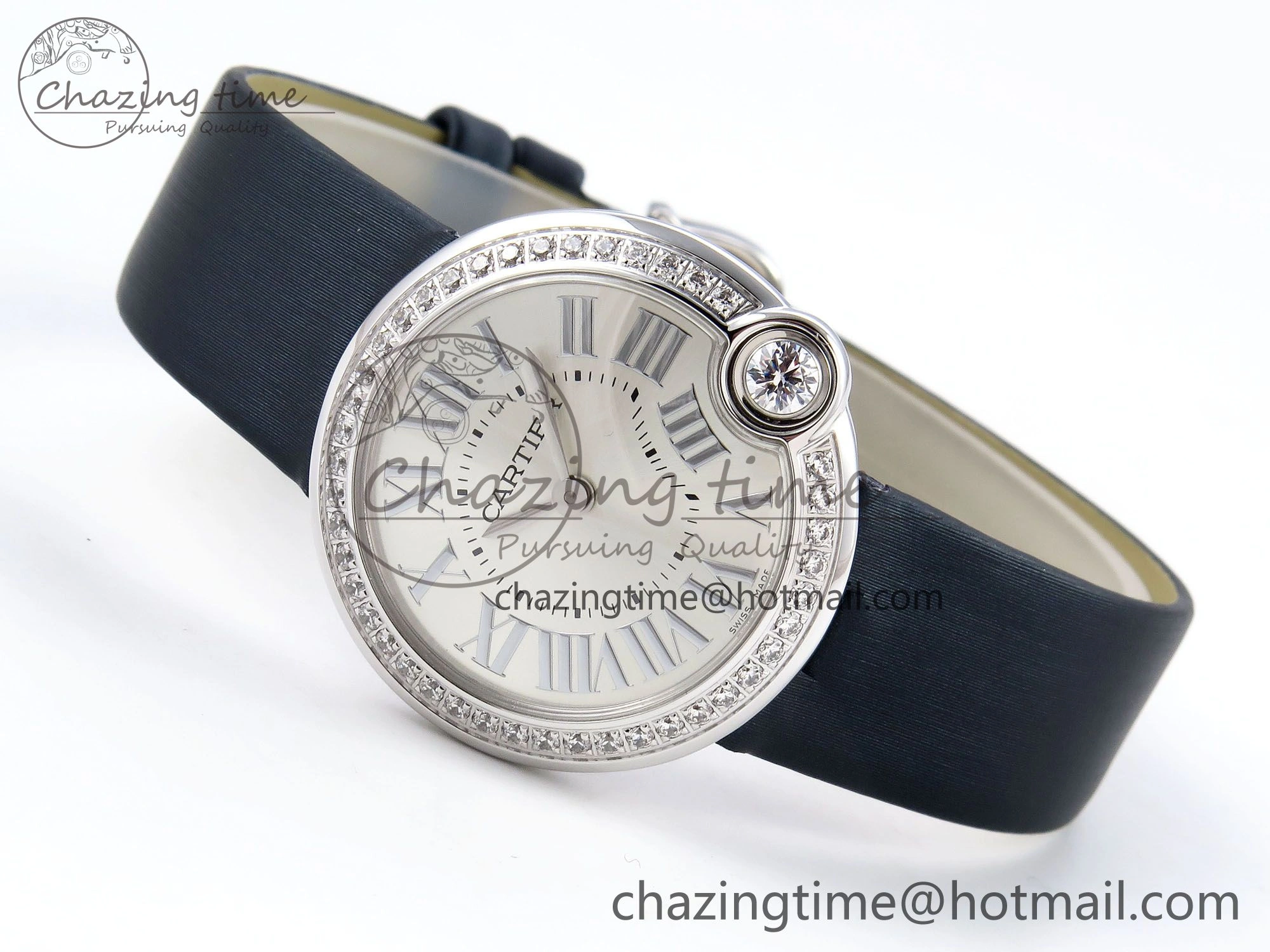 Functional Ballon Blanc De Cartier 30mm SS DRF 1:1 Best Edition Silvered Texture Dial Diamonds Bezel on Blue Calfskin Strap Ronda Quartz 5962