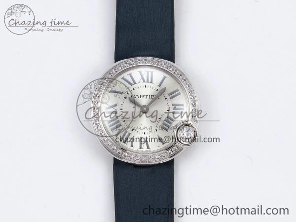 Functional Ballon Blanc De Cartier 30mm SS DRF 1:1 Best Edition Silvered Texture Dial Diamonds Bezel on Blue Calfskin Strap Ronda Quartz 5962