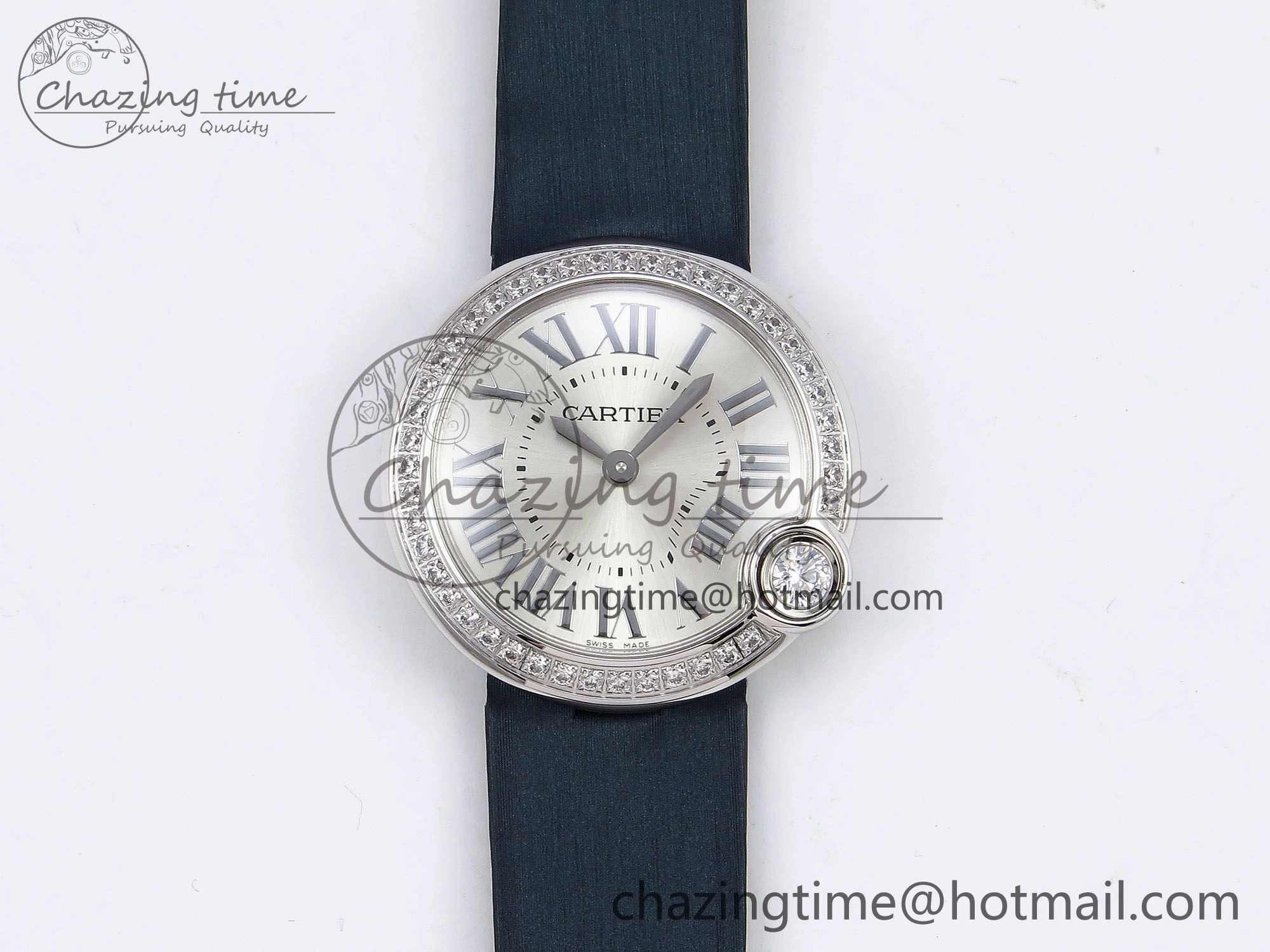 Functional Ballon Blanc De Cartier 30mm SS DRF 1:1 Best Edition Silvered Texture Dial Diamonds Bezel on Blue Calfskin Strap Ronda Quartz 5962