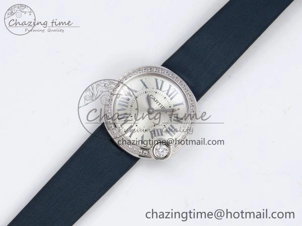 Functional Ballon Blanc De Cartier 30mm SS DRF 1:1 Best Edition Silvered Texture Dial Diamonds Bezel on Blue Calfskin Strap Ronda Quartz 5962