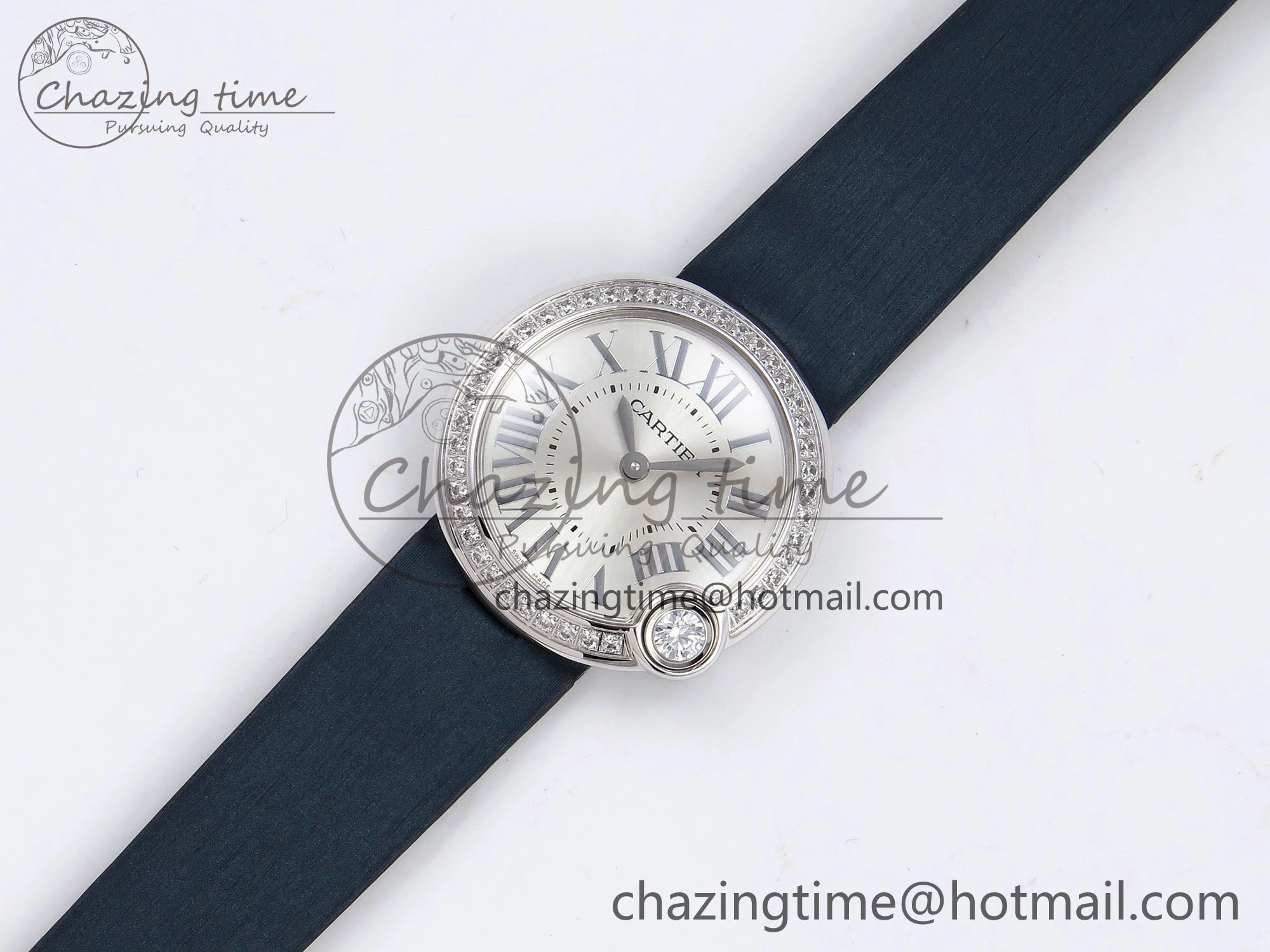 Functional Ballon Blanc De Cartier 30mm SS DRF 1:1 Best Edition Silvered Texture Dial Diamonds Bezel on Blue Calfskin Strap Ronda Quartz 5962
