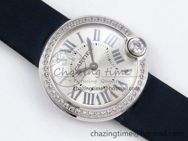 Functional Ballon Blanc De Cartier 30mm SS DRF 1:1 Best Edition Silvered Texture Dial Diamonds Bezel on Blue Calfskin Strap Ronda Quartz 5962