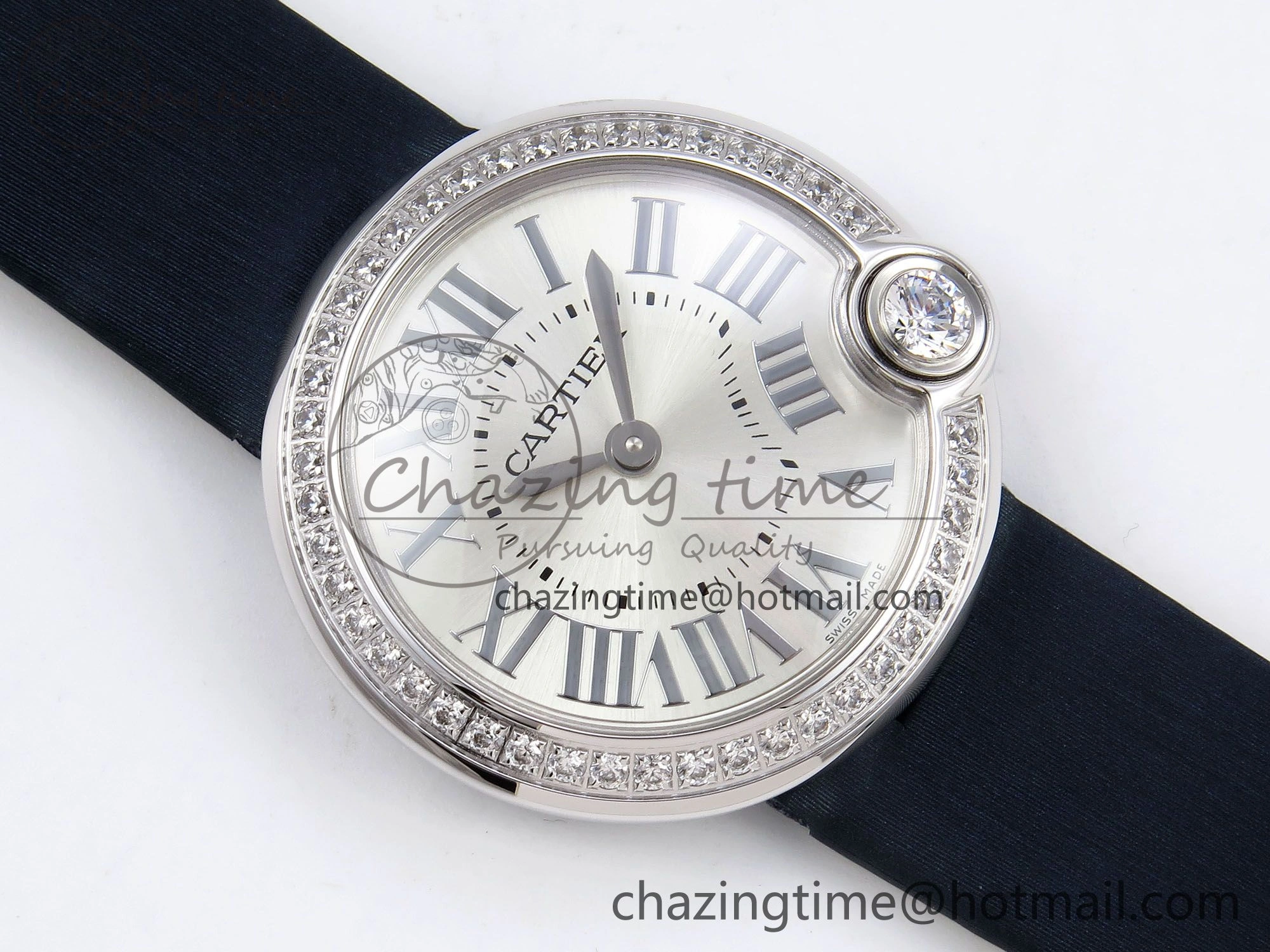 Functional Ballon Blanc De Cartier 30mm SS DRF 1:1 Best Edition Silvered Texture Dial Diamonds Bezel on Blue Calfskin Strap Ronda Quartz 5962