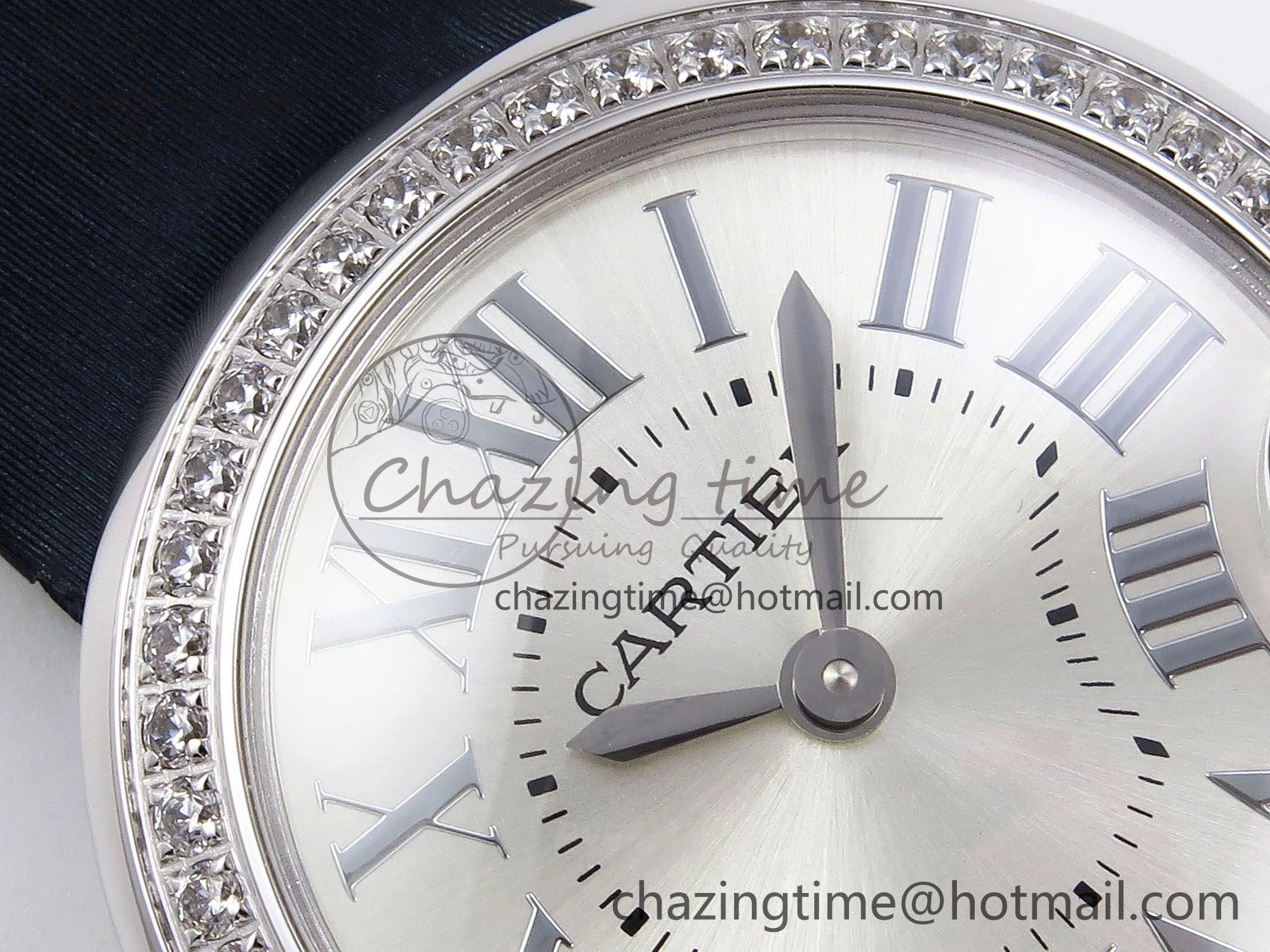 Functional Ballon Blanc De Cartier 30mm SS DRF 1:1 Best Edition Silvered Texture Dial Diamonds Bezel on Blue Calfskin Strap Ronda Quartz 5962