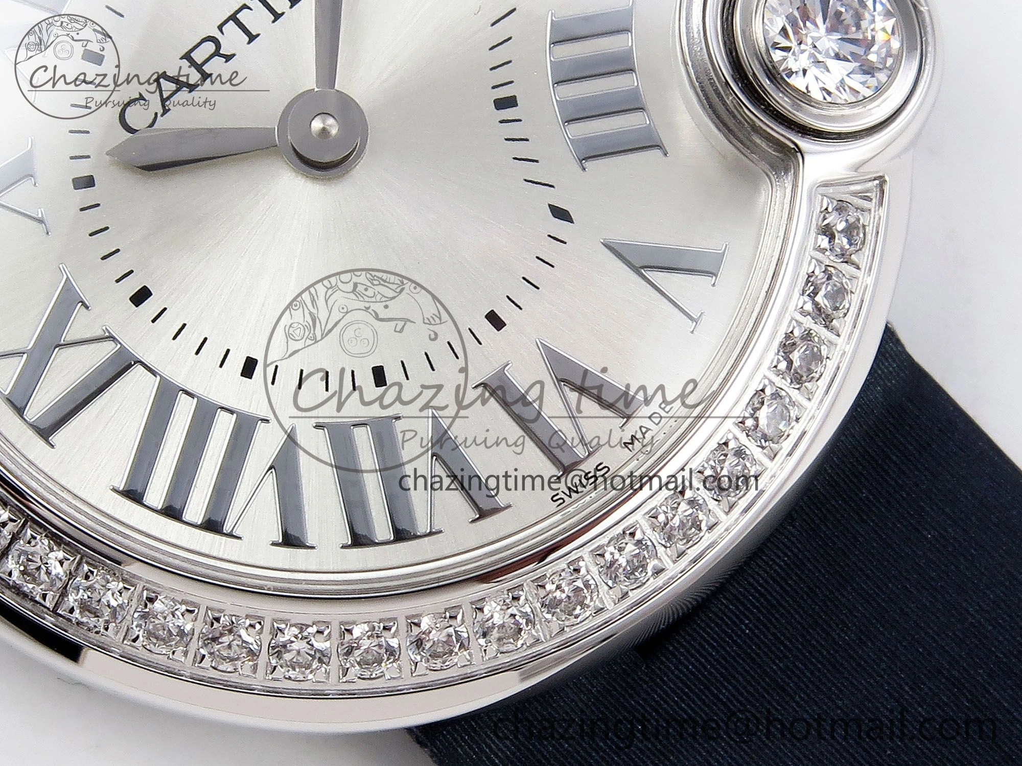 Functional Ballon Blanc De Cartier 30mm SS DRF 1:1 Best Edition Silvered Texture Dial Diamonds Bezel on Blue Calfskin Strap Ronda Quartz 5962