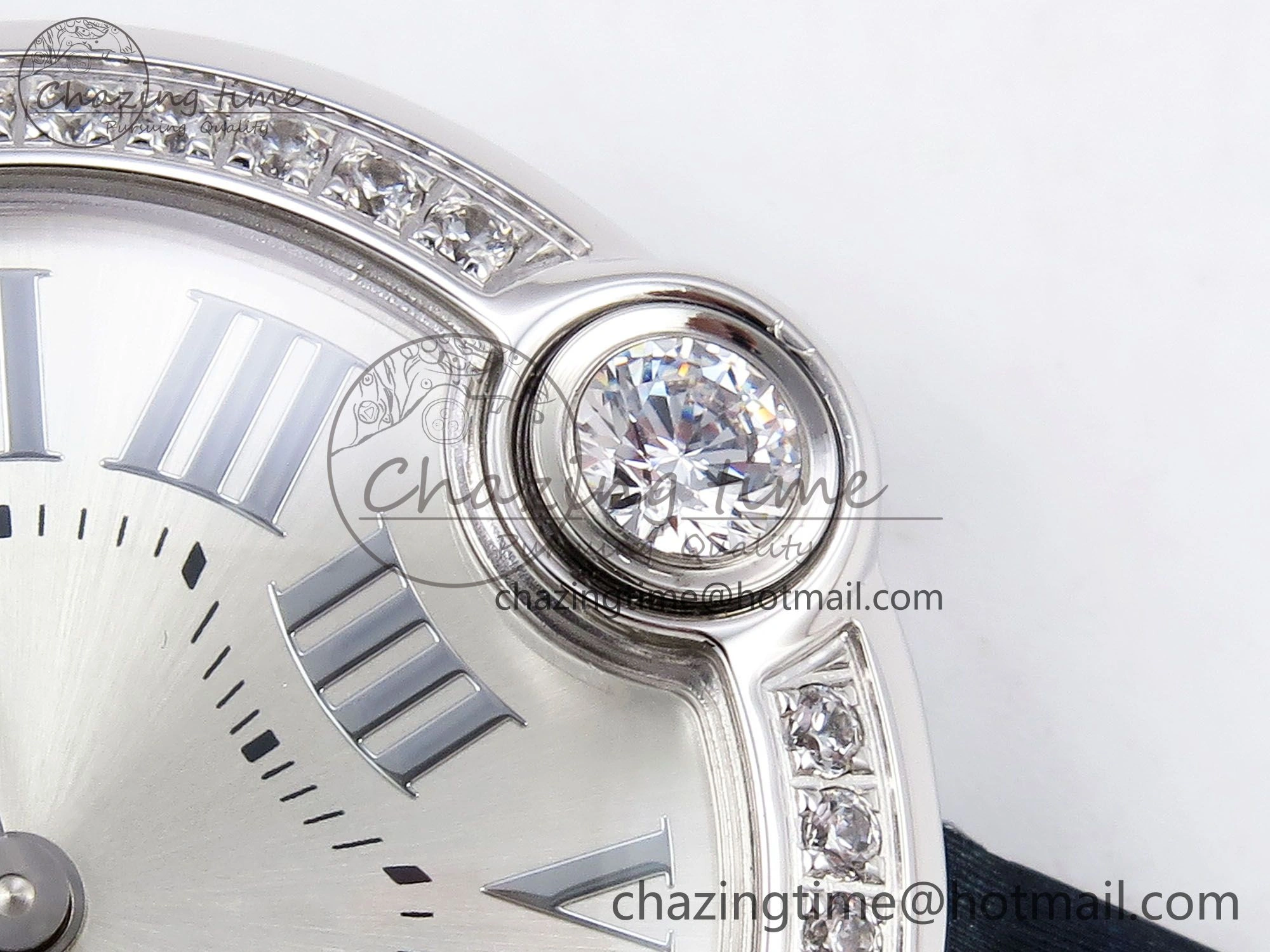 Functional Ballon Blanc De Cartier 30mm SS DRF 1:1 Best Edition Silvered Texture Dial Diamonds Bezel on Blue Calfskin Strap Ronda Quartz 5962