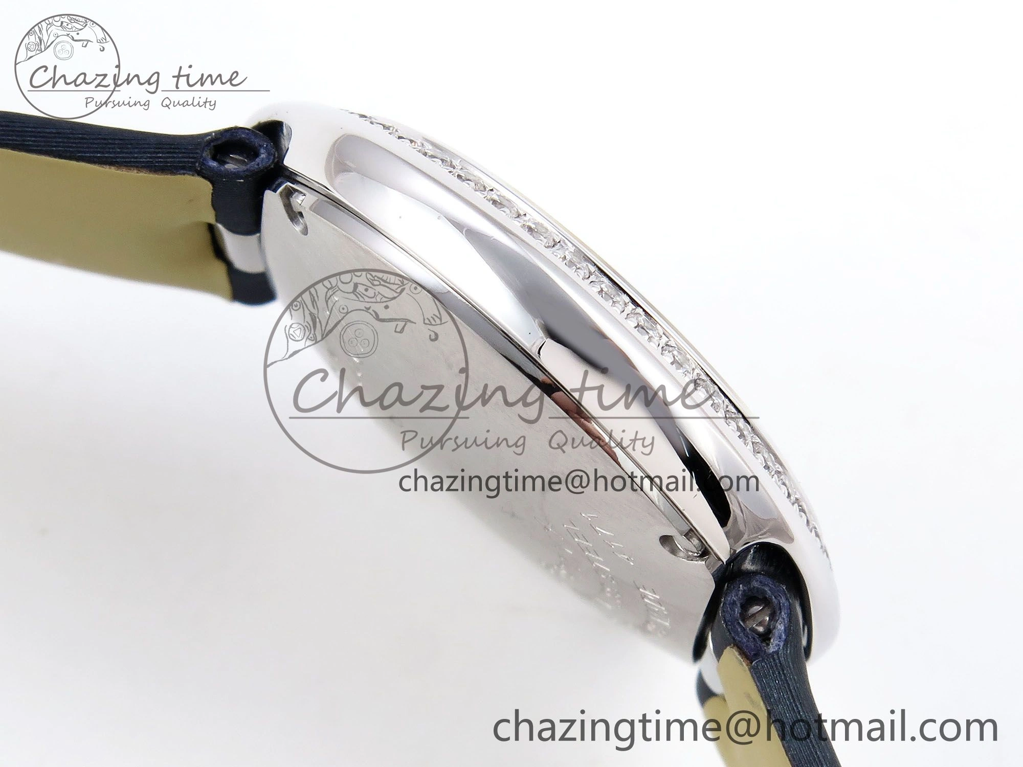 Functional Ballon Blanc De Cartier 30mm SS DRF 1:1 Best Edition Silvered Texture Dial Diamonds Bezel on Blue Calfskin Strap Ronda Quartz 5962