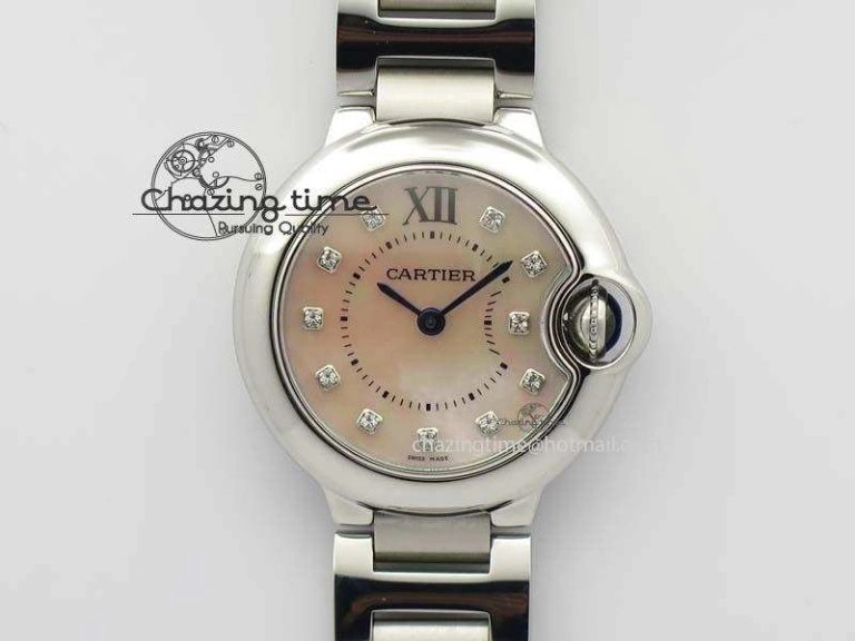 WrinkleFree Ballon Bleu 28mm Ladies V6F SS Diamonds Markers Pink MOP Dial On SS Bracelet Ronda Quartz 6341