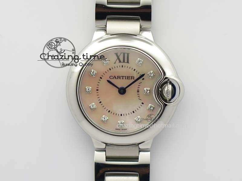 WrinkleFree Ballon Bleu 28mm Ladies V6F SS Diamonds Markers Pink MOP Dial On SS Bracelet Ronda Quartz 6341