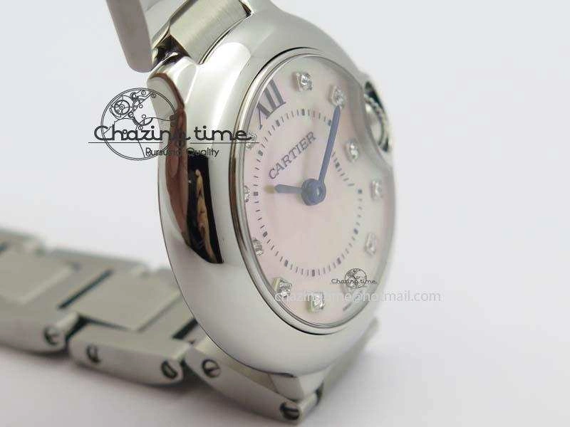 WrinkleFree Ballon Bleu 28mm Ladies V6F SS Diamonds Markers Pink MOP Dial On SS Bracelet Ronda Quartz 6341