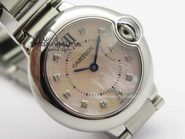 WrinkleFree Ballon Bleu 28mm Ladies V6F SS Diamonds Markers Pink MOP Dial On SS Bracelet Ronda Quartz 6341