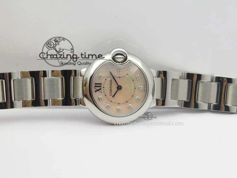 WrinkleFree Ballon Bleu 28mm Ladies V6F SS Diamonds Markers Pink MOP Dial On SS Bracelet Ronda Quartz 6341