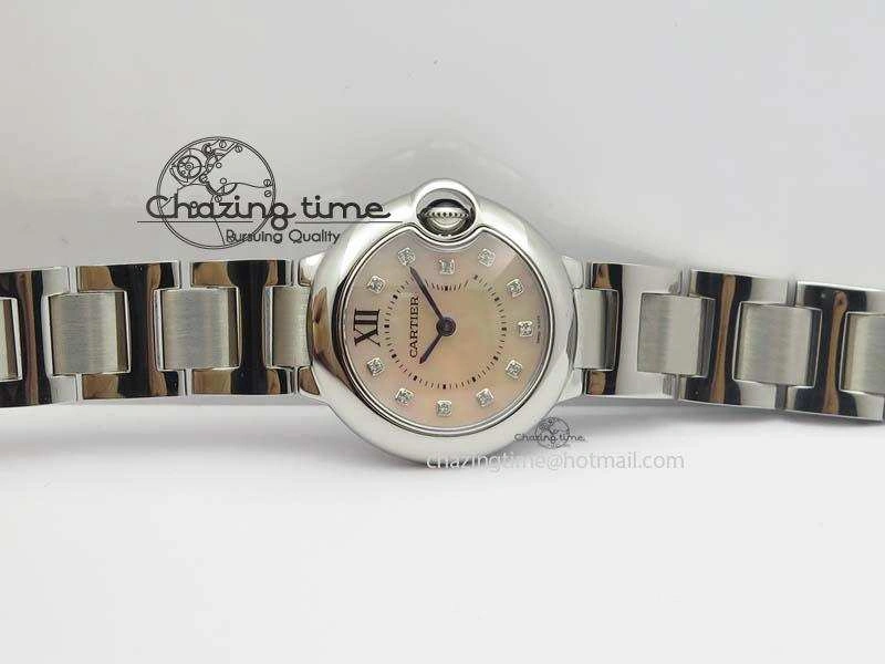 WrinkleFree Ballon Bleu 28mm Ladies V6F SS Diamonds Markers Pink MOP Dial On SS Bracelet Ronda Quartz 6341