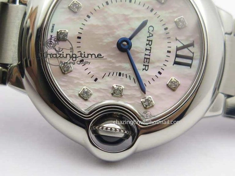 WrinkleFree Ballon Bleu 28mm Ladies V6F SS Diamonds Markers Pink MOP Dial On SS Bracelet Ronda Quartz 6341
