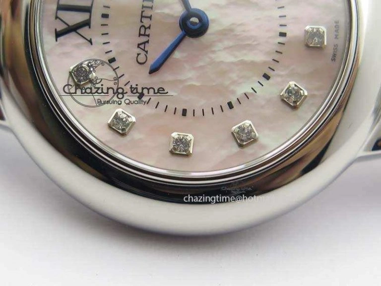 WrinkleFree Ballon Bleu 28mm Ladies V6F SS Diamonds Markers Pink MOP Dial On SS Bracelet Ronda Quartz 6341