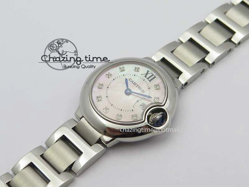 WrinkleFree Ballon Bleu 28mm Ladies V6F SS Diamonds Markers Pink MOP Dial On SS Bracelet Ronda Quartz 6341