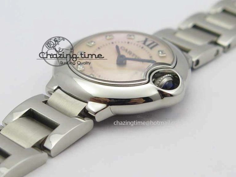 WrinkleFree Ballon Bleu 28mm Ladies V6F SS Diamonds Markers Pink MOP Dial On SS Bracelet Ronda Quartz 6341