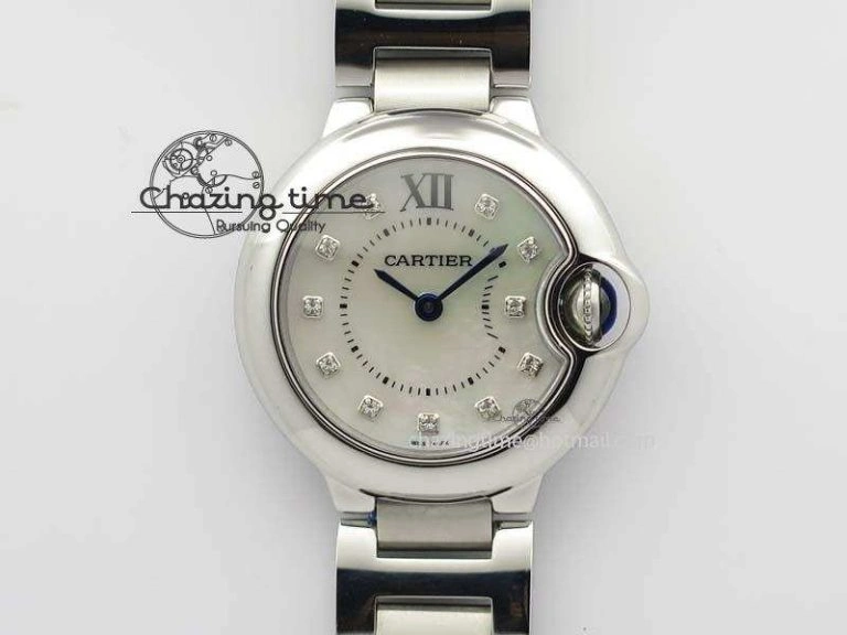 Breathable Ballon Bleu 28mm Ladies V6F SS Diamonds Markers White MOP Dial On SS Bracelet Ronda Quartz 10780