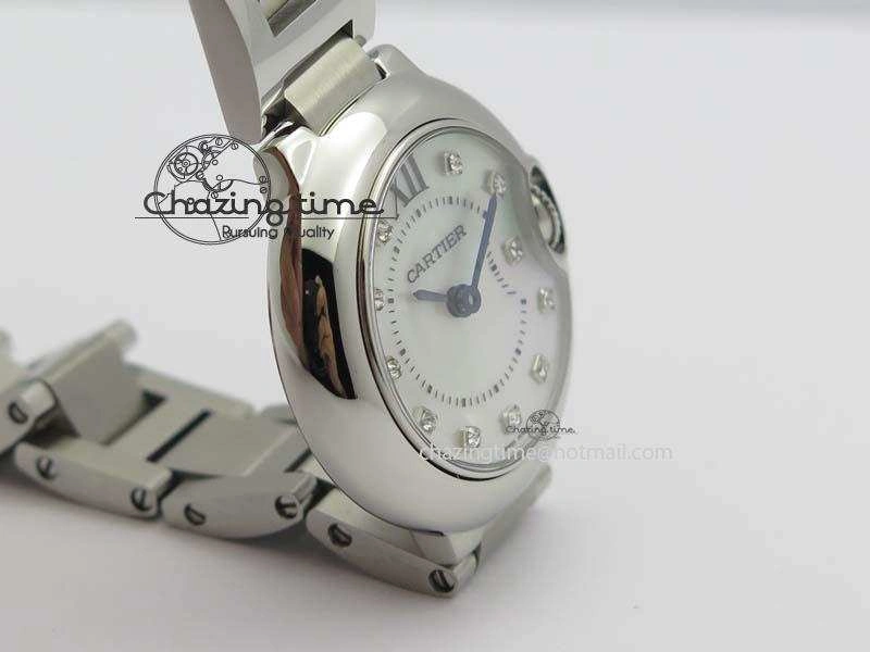Breathable Ballon Bleu 28mm Ladies V6F SS Diamonds Markers White MOP Dial On SS Bracelet Ronda Quartz 10780