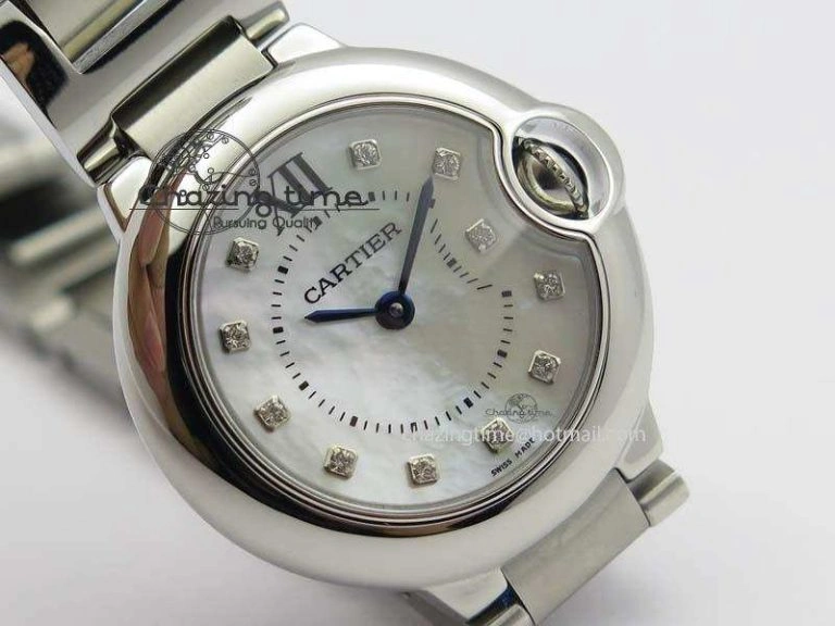 Breathable Ballon Bleu 28mm Ladies V6F SS Diamonds Markers White MOP Dial On SS Bracelet Ronda Quartz 10780