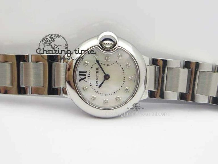 Breathable Ballon Bleu 28mm Ladies V6F SS Diamonds Markers White MOP Dial On SS Bracelet Ronda Quartz 10780