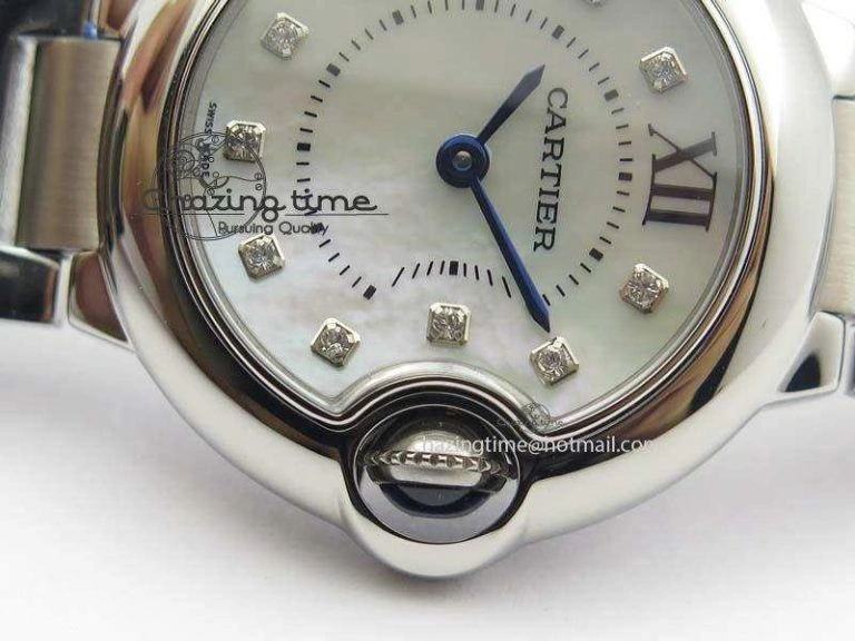Breathable Ballon Bleu 28mm Ladies V6F SS Diamonds Markers White MOP Dial On SS Bracelet Ronda Quartz 10780