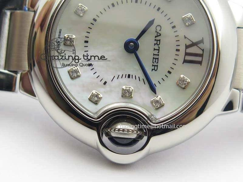 Breathable Ballon Bleu 28mm Ladies V6F SS Diamonds Markers White MOP Dial On SS Bracelet Ronda Quartz 10780