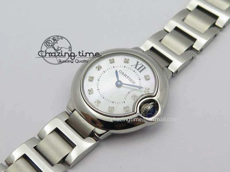 Breathable Ballon Bleu 28mm Ladies V6F SS Diamonds Markers White MOP Dial On SS Bracelet Ronda Quartz 10780