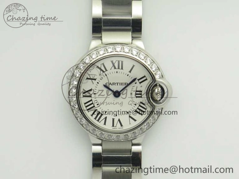 Ballon Bleu 28mm SS V6F 1:1 Best Edition White Dial Diamonds Bezel On SS Bracelet Ronda Quartz HighQuality 6230