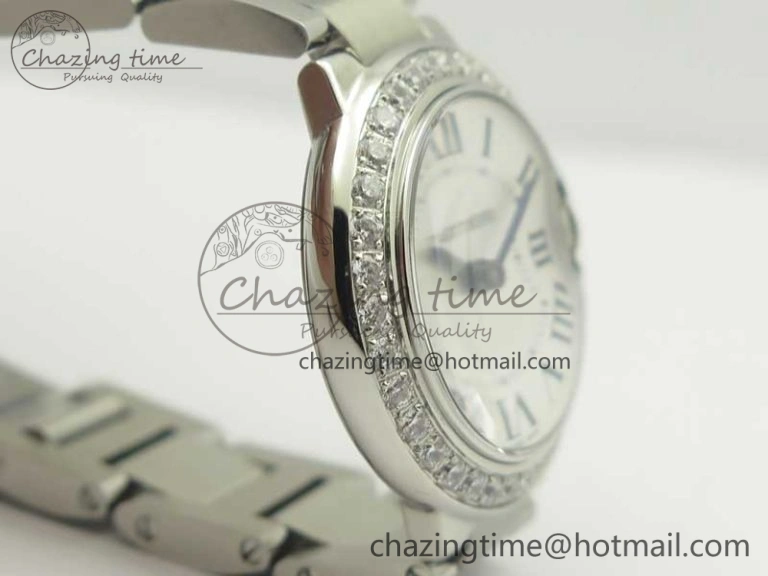 Ballon Bleu 28mm SS V6F 1:1 Best Edition White Dial Diamonds Bezel On SS Bracelet Ronda Quartz HighQuality 6230
