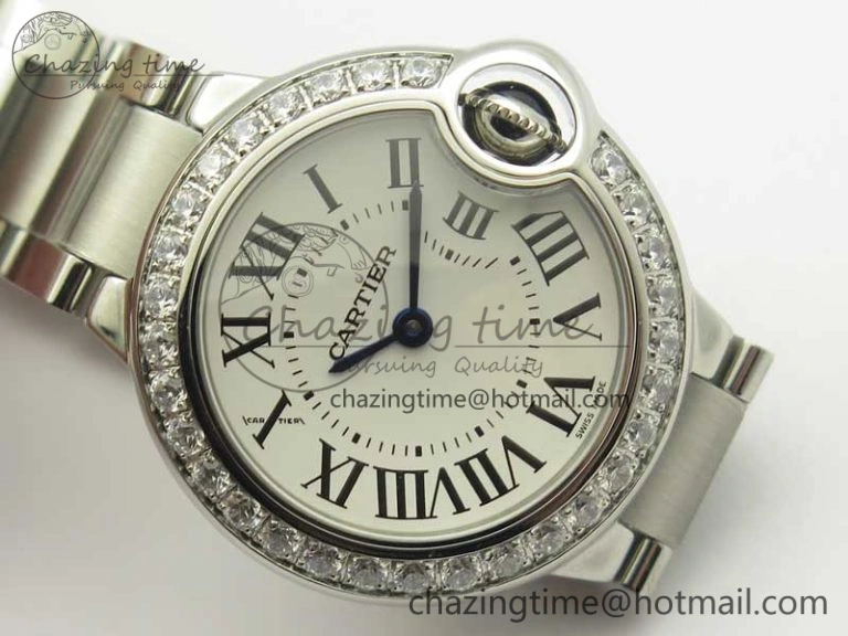 Ballon Bleu 28mm SS V6F 1:1 Best Edition White Dial Diamonds Bezel On SS Bracelet Ronda Quartz HighQuality 6230