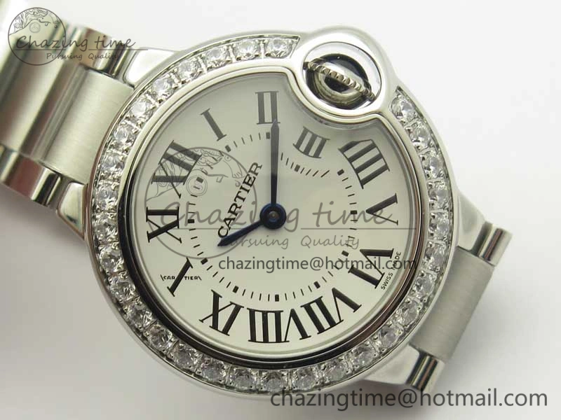 Ballon Bleu 28mm SS V6F 1:1 Best Edition White Dial Diamonds Bezel On SS Bracelet Ronda Quartz HighQuality 6230
