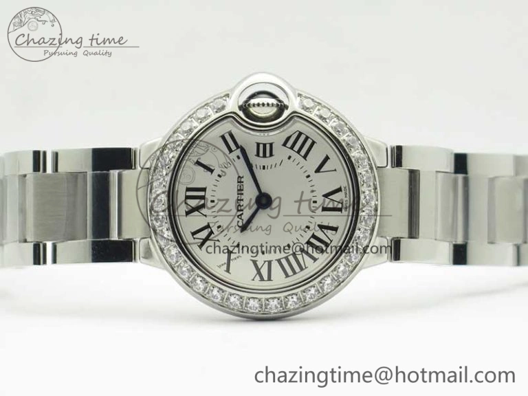 Ballon Bleu 28mm SS V6F 1:1 Best Edition White Dial Diamonds Bezel On SS Bracelet Ronda Quartz HighQuality 6230