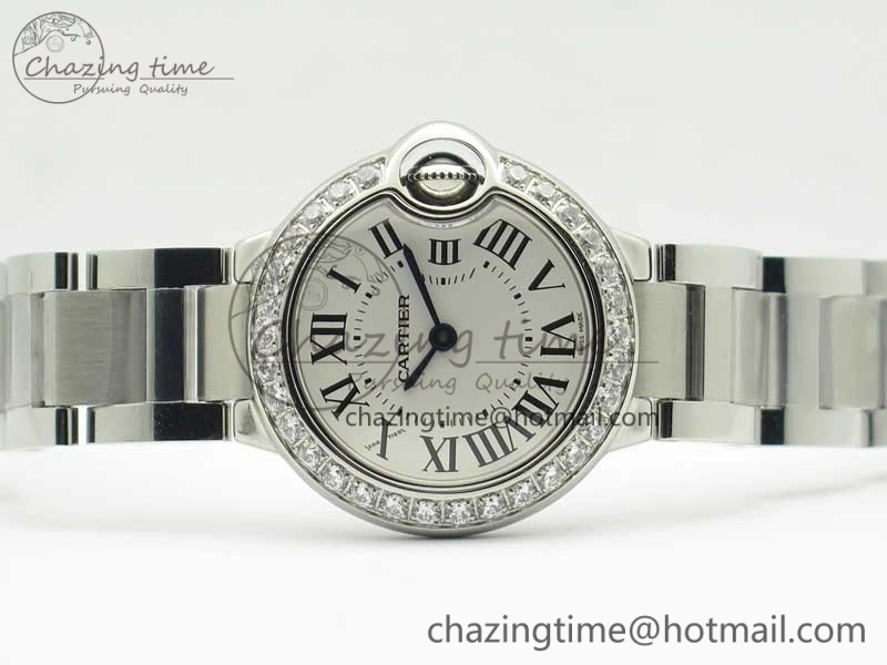 Ballon Bleu 28mm SS V6F 1:1 Best Edition White Dial Diamonds Bezel On SS Bracelet Ronda Quartz HighQuality 6230