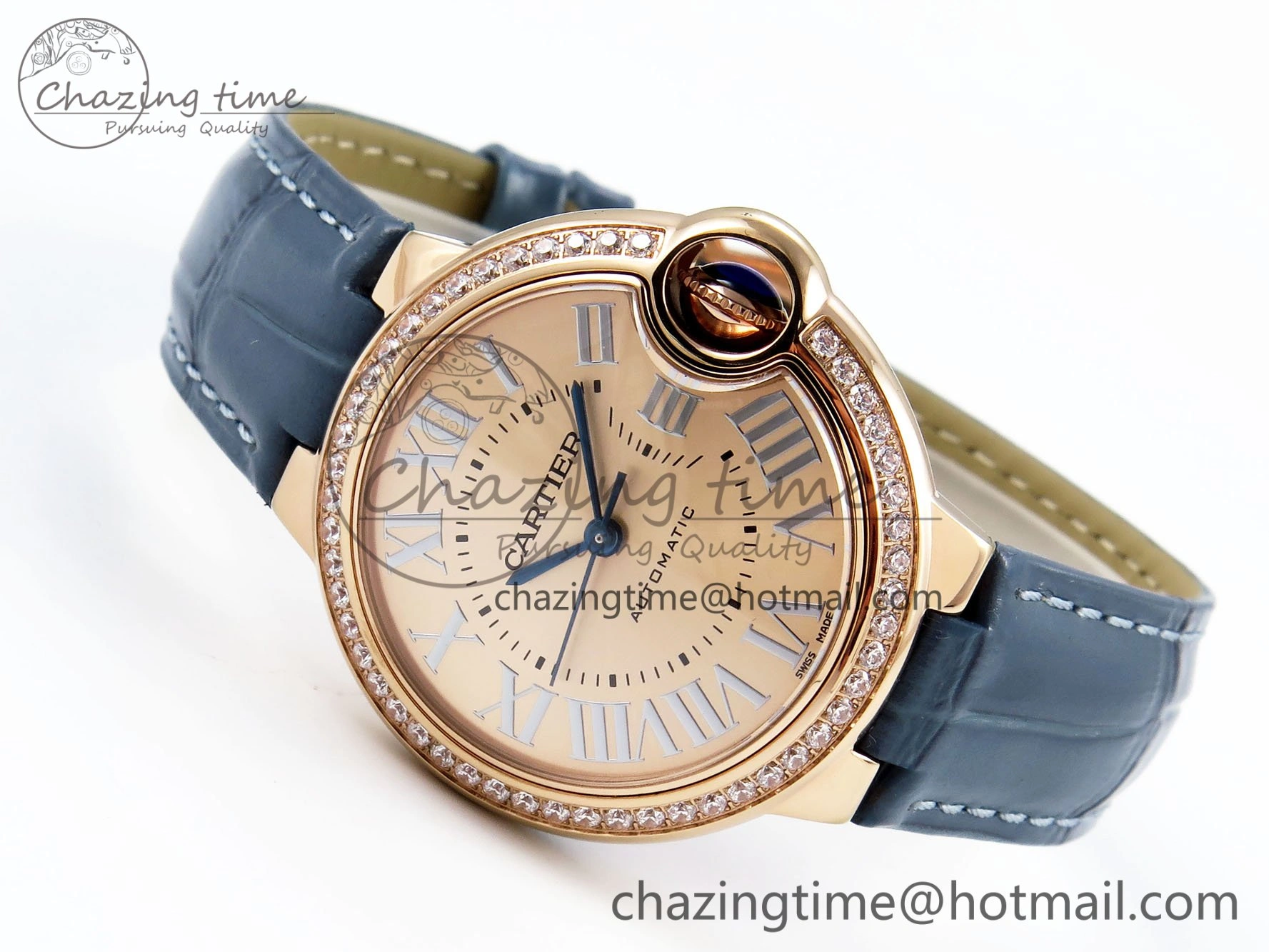 Ballon Bleu 33mm RG AF 1:1 Best Edition RG Dial Diamonds Bezel on Blue Leather Strap SEIKO NH05A Thermal 6040
