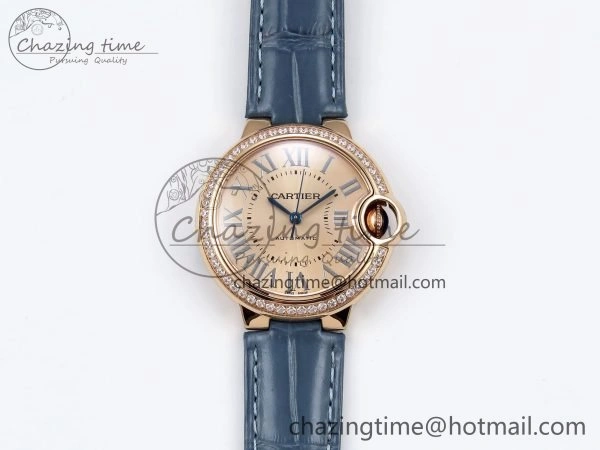 Ballon Bleu 33mm RG AF 1:1 Best Edition RG Dial Diamonds Bezel on Blue Leather Strap SEIKO NH05A Thermal 6040