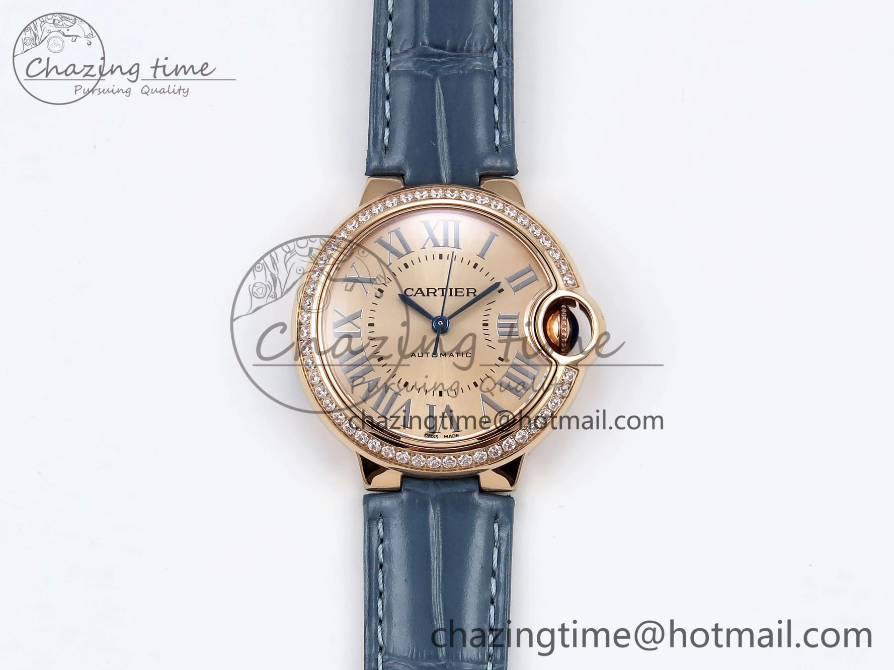 Ballon Bleu 33mm RG AF 1:1 Best Edition RG Dial Diamonds Bezel on Blue Leather Strap SEIKO NH05A Thermal 6040