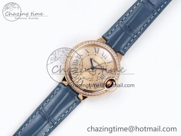 Ballon Bleu 33mm RG AF 1:1 Best Edition RG Dial Diamonds Bezel on Blue Leather Strap SEIKO NH05A Thermal 6040